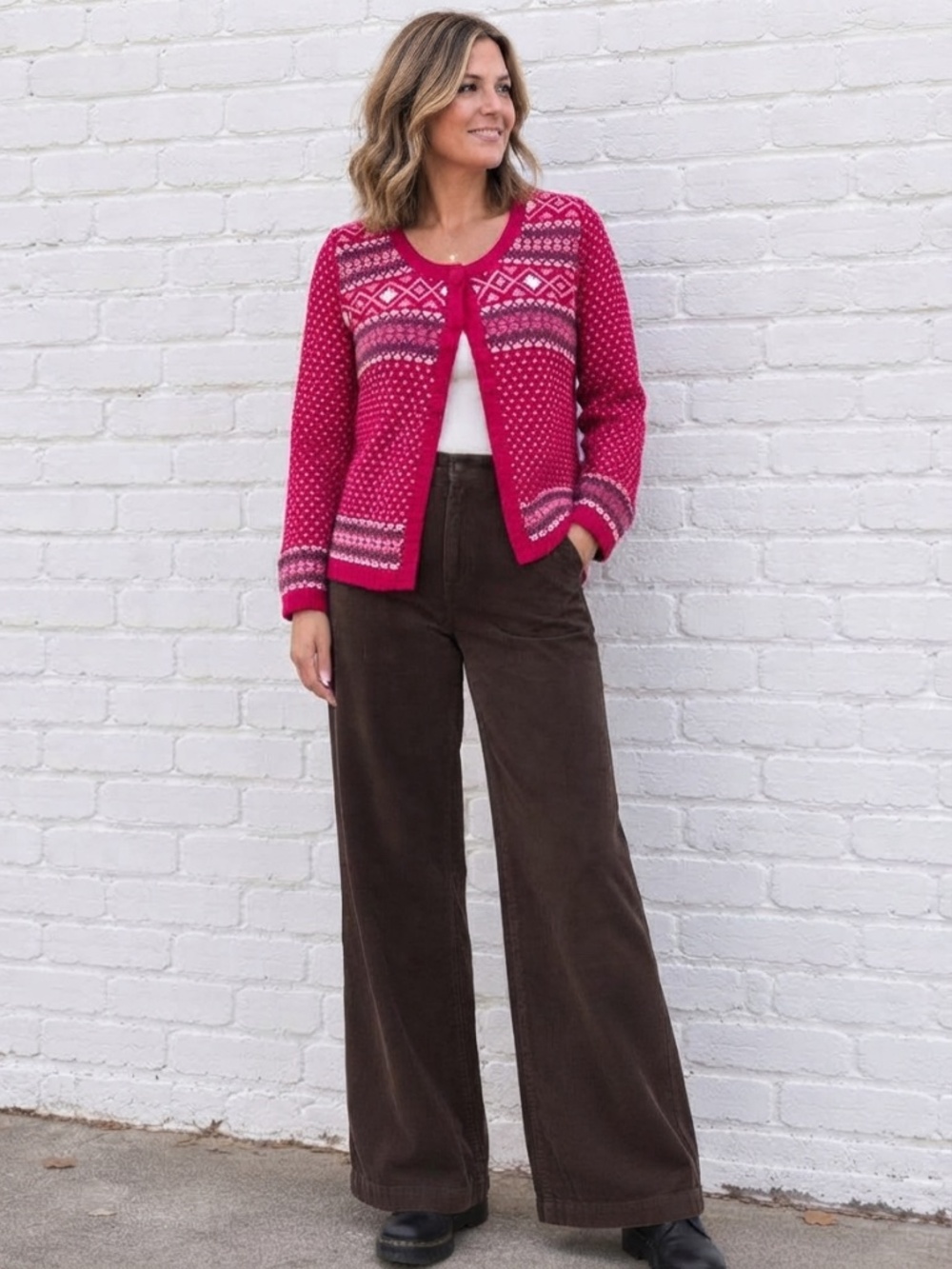 Red Nordic Fair Isle Button-Front Cardigan Sweater Size M